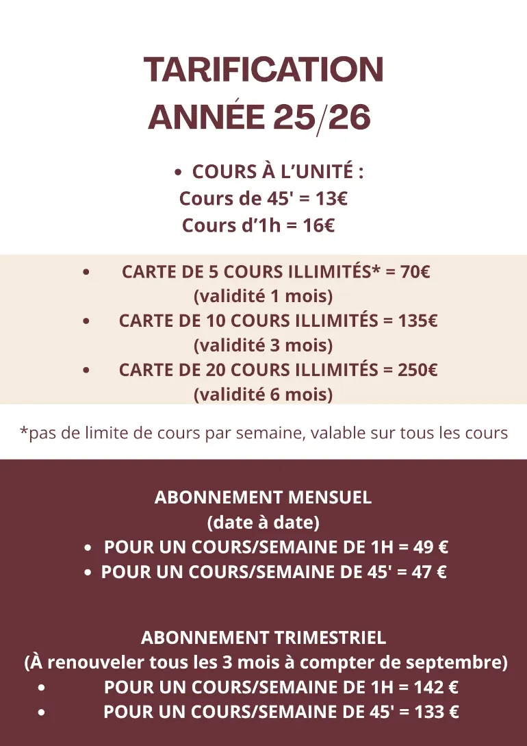 Les tarifs des cours pour 2025-2026